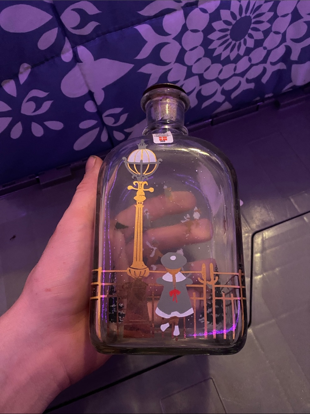 Holmegaard Clear Glass Bottle with Gold and White Nautical Girl Motif